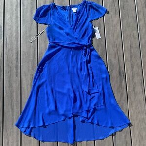 DKNY; Vibrant Blue; Bell Shape; Flutter Sleeve; Faux Wrap; Midi Dress; NWT; US6